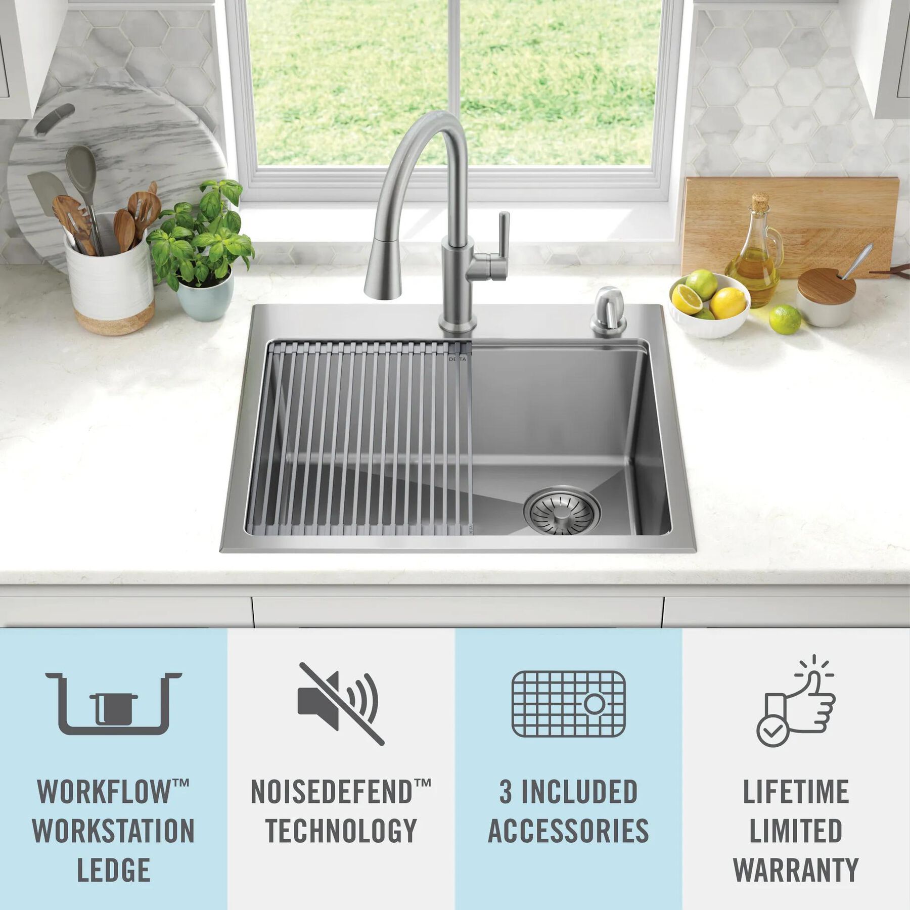 25&rdquo; Stainless Steel Workstation Kitchen Sink Drop-In Undermount Single Bowl with WorkFlow&trade; Ledge and Accessories